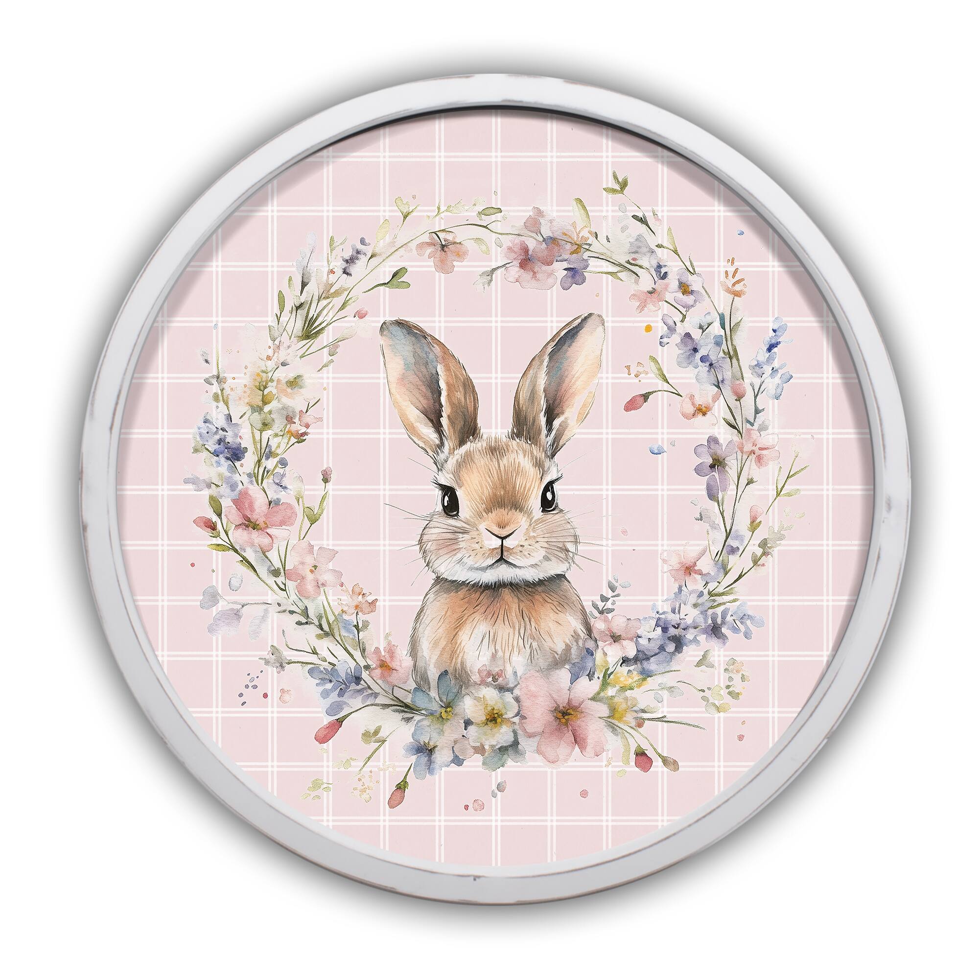 20" Check Floral Bunny Print in Round White Frame